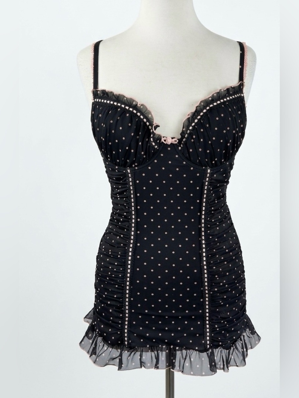 🎀 Y2K Coquette Polka Dot Babydoll Lingerie💕La Vie En Rose Pink & Black Mesh